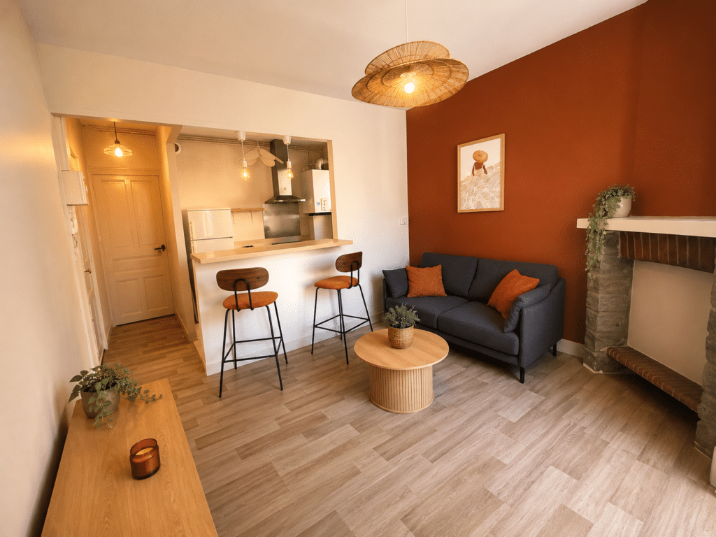 Salon cosy avec cuisine ouverte et mur terracotta